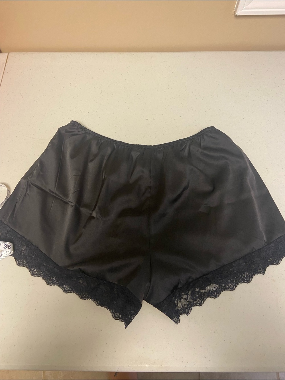 Black Satin Lace Trim Women's Shorts